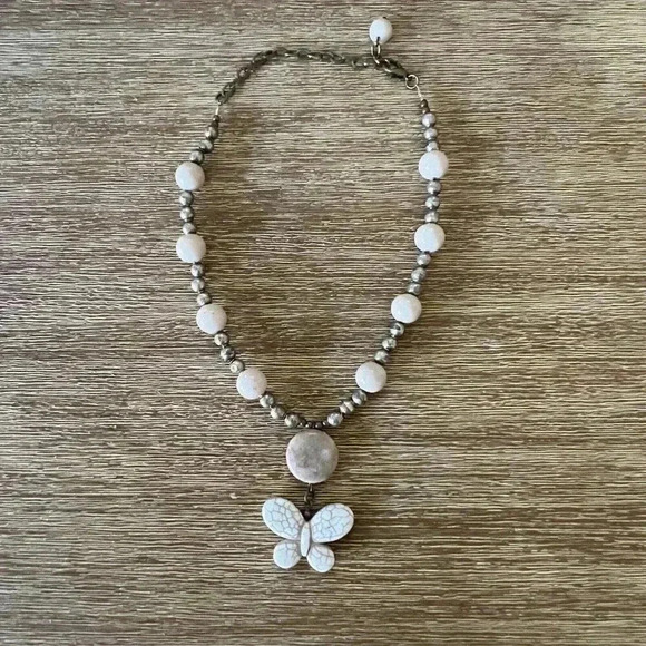 OOAK Beautiful Butterfly Necklace Vintage and New Cream Brown Bead Boho Handmade - Picture 1 of 4